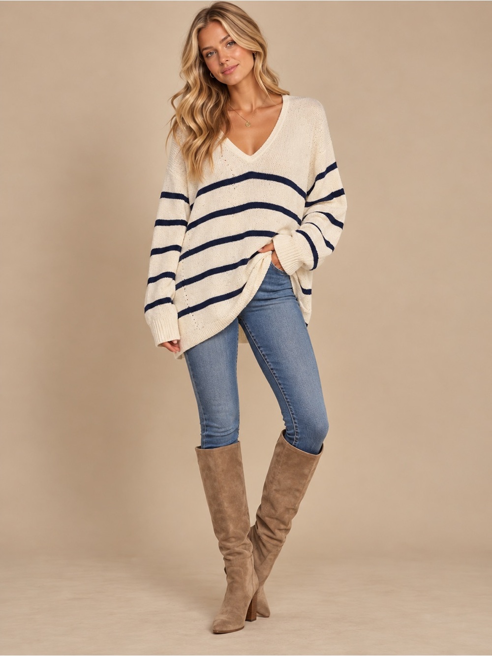 rag & bone Cream and Navy Striped V-Neck Sweater